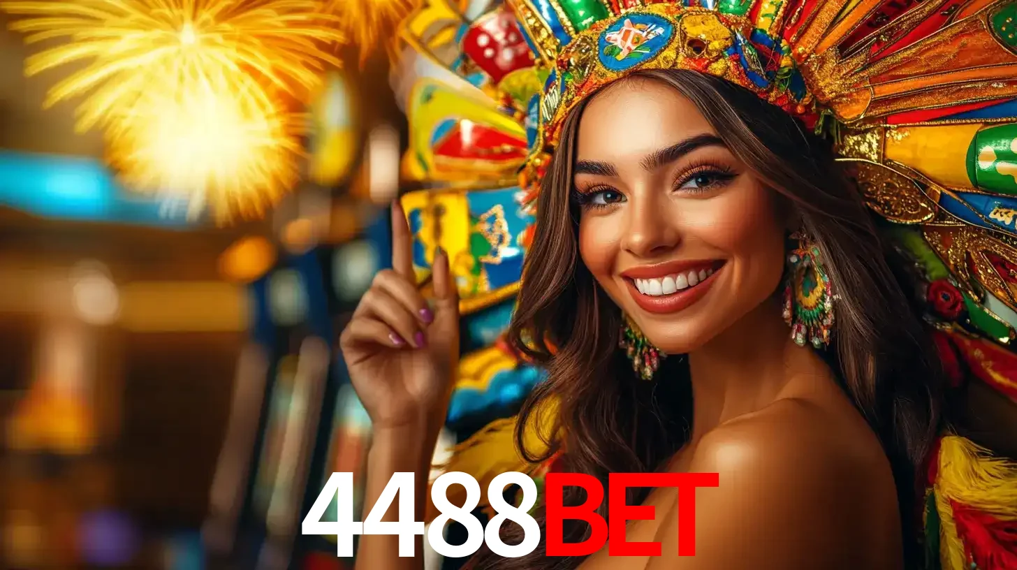 Mulher sorridente com um cocar de carnaval vibrante e colorido, celebrando uma grande vitória nos jogos do cassino 4488bet com fogos de artifício ao fundo.