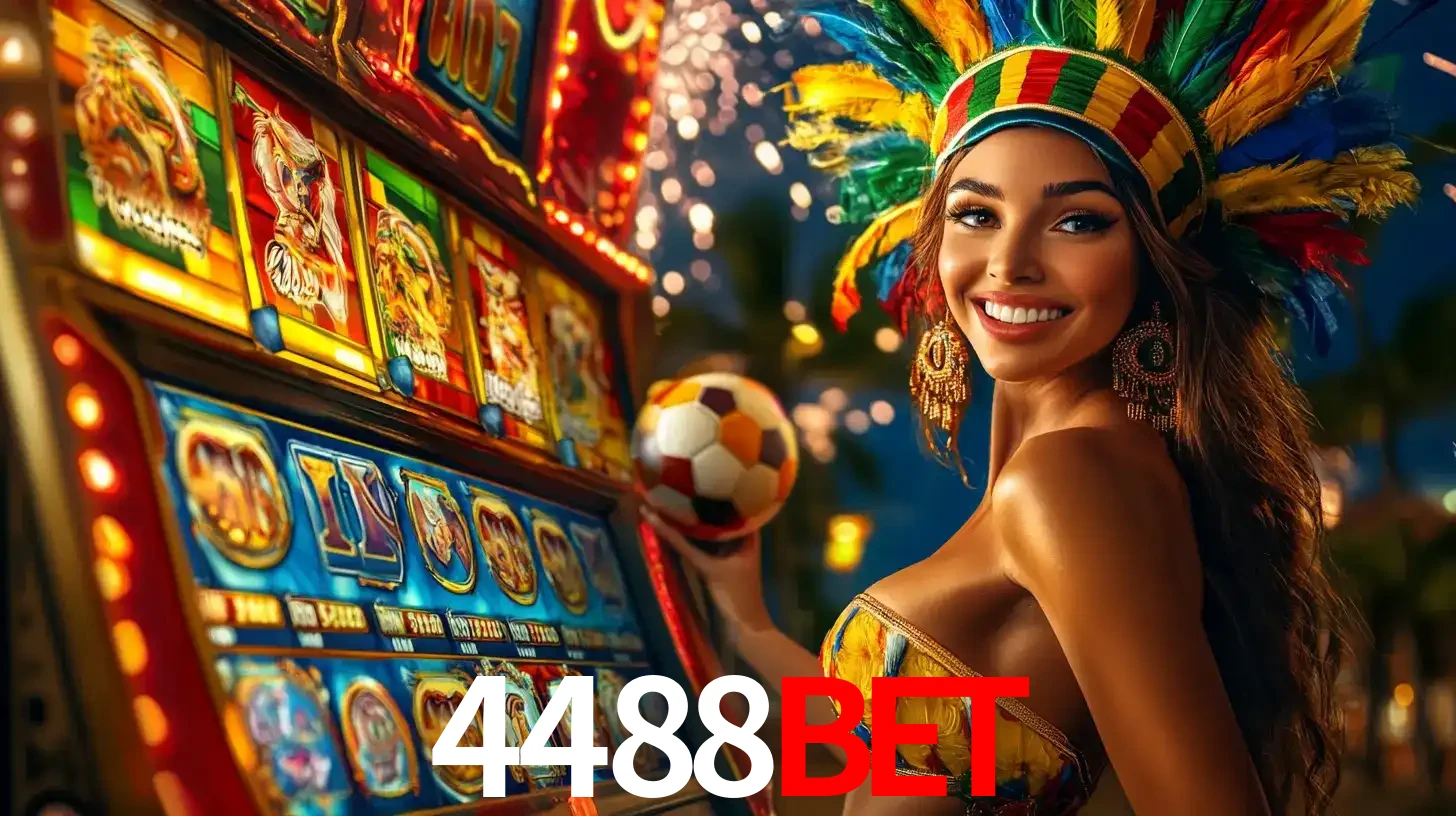 Mulher com um cocar de carnaval ao lado de uma máquina de caça-níqueis enquanto segura uma bola de futebol, mostrando a união da diversão de cassino e esportes no 4488bet.