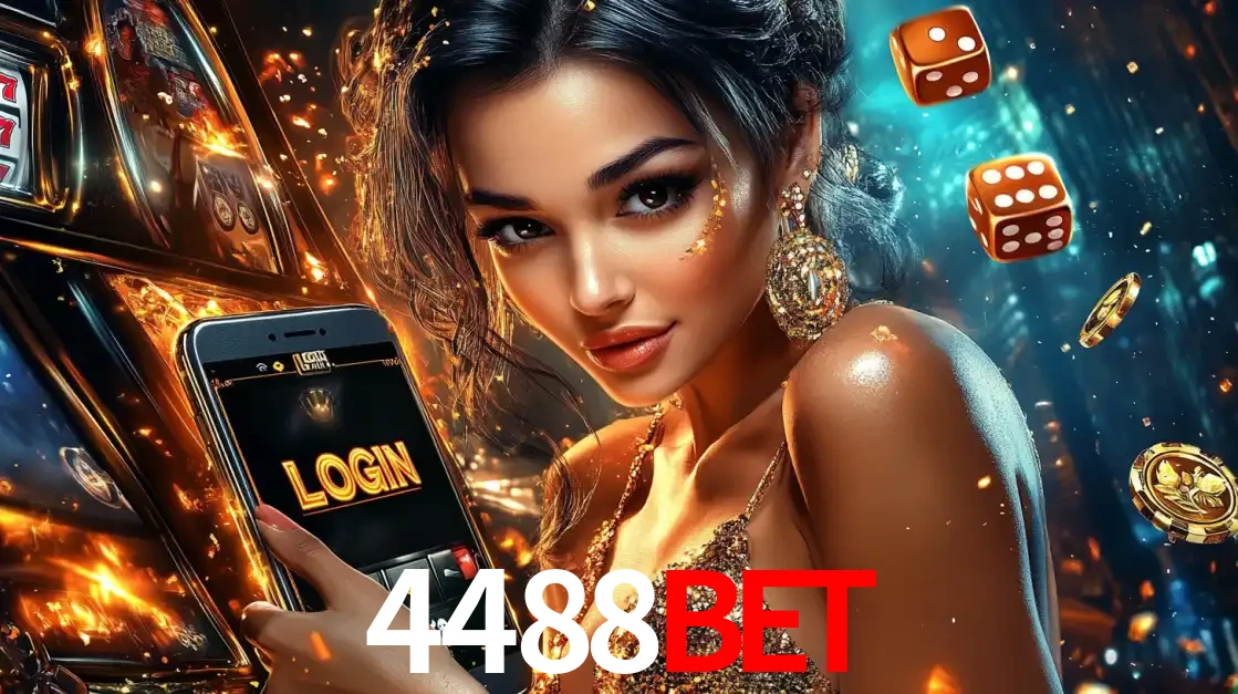 Mulher glamourosa segurando um celular com a tela de login do cassino 4488bet, rodeada por dados e moedas douradas, pronta para começar a diversão.