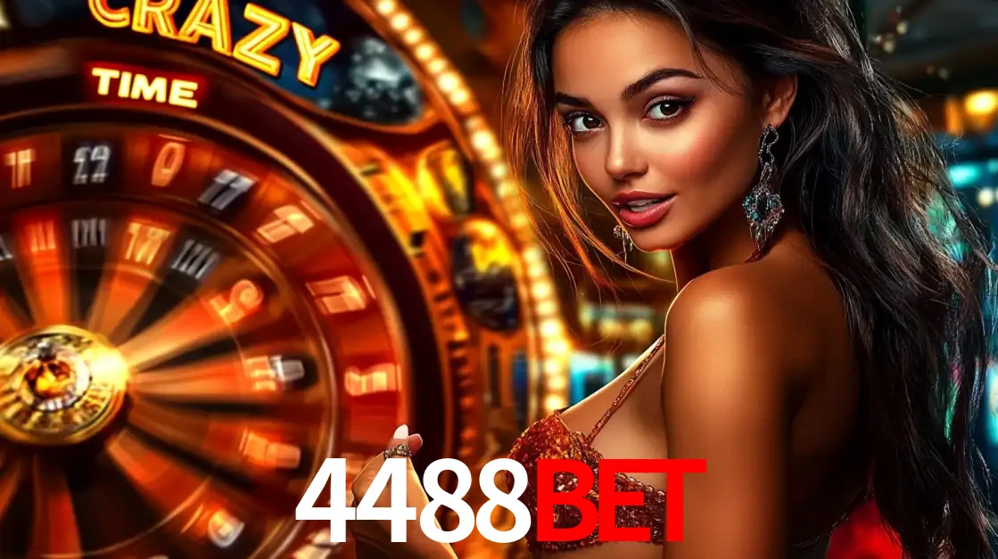 Mulher ao lado da roda de prêmios do jogo de cassino ao vivo Crazy Time, um dos shows de jogos mais emocionantes oferecidos pela plataforma de apostas 4488bet.