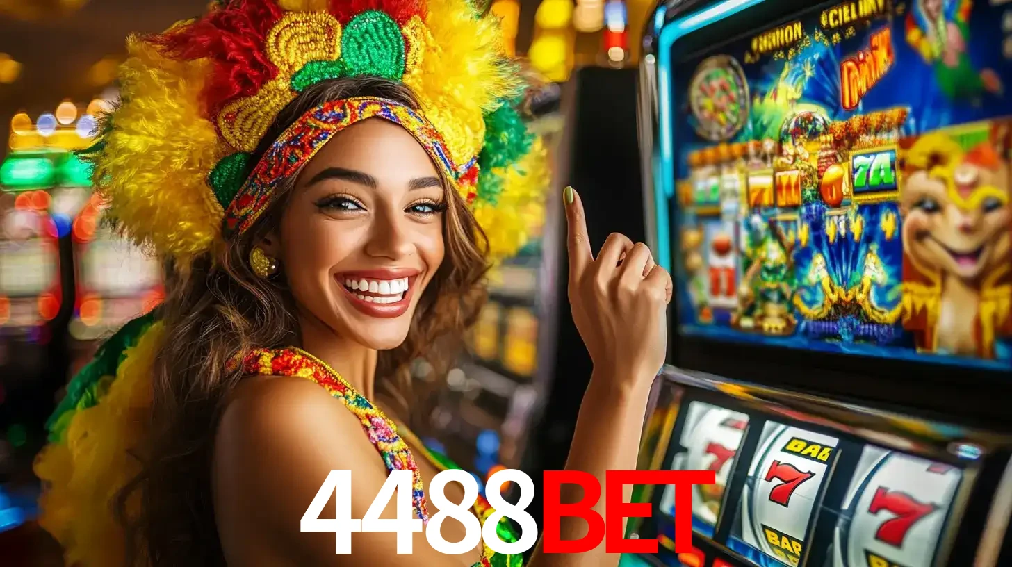 Mulher animada com um cocar de carnaval apontando para uma máquina de caça-níqueis, mostrando a emoção de ganhar um grande prêmio nos jogos do 4488bet.