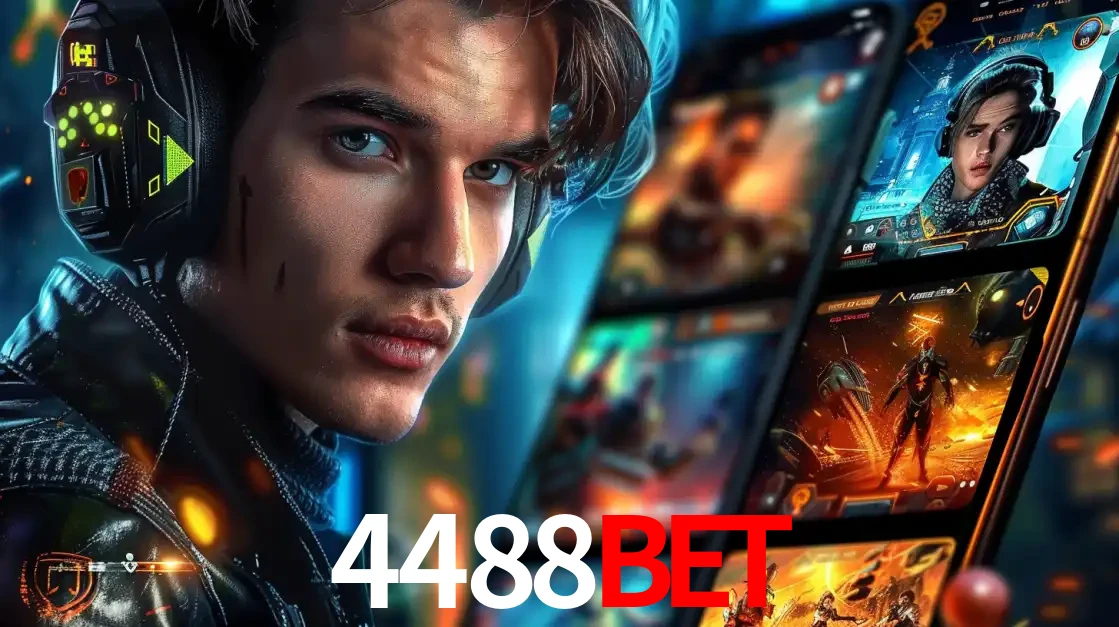Jovem jogador com fones de ouvido olhando para a câmera, com um aplicativo de jogos e e-sports para celular ao fundo, pronto para a competição e apostas no 4488bet.
