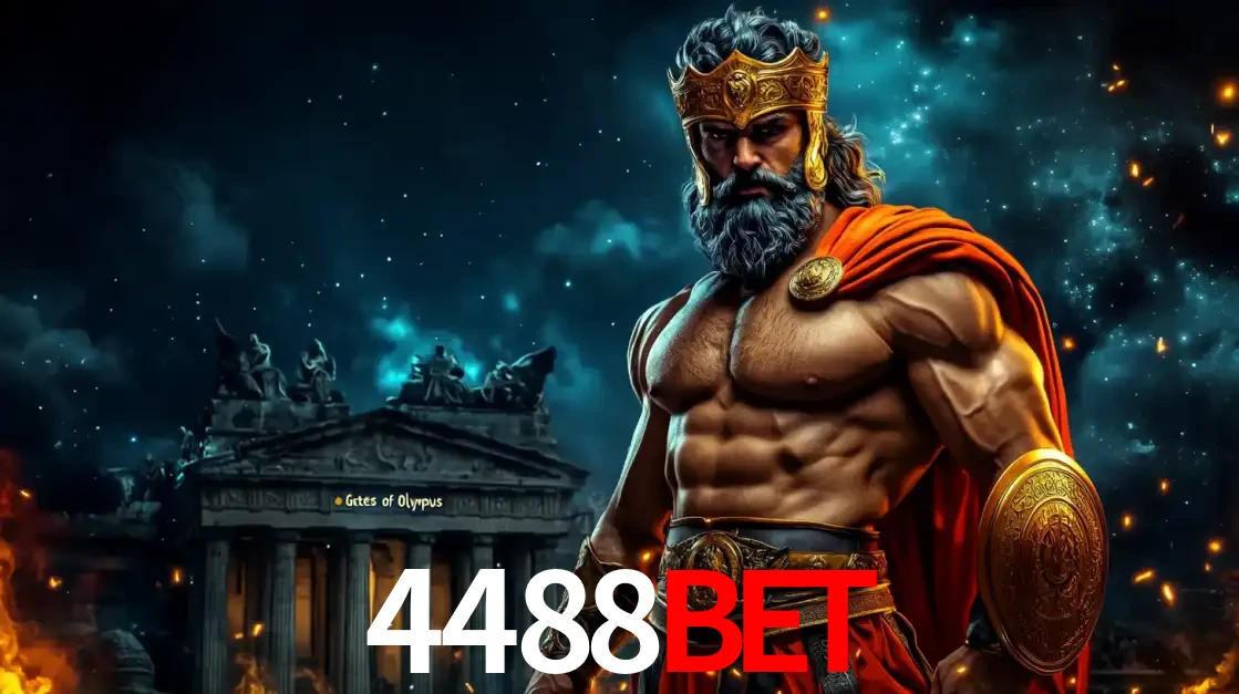 O poderoso Zeus do jogo de slot Gates of Olympus em frente ao seu templo, pronto para lançar multiplicadores divinos e prêmios épicos no cassino online 4488bet.