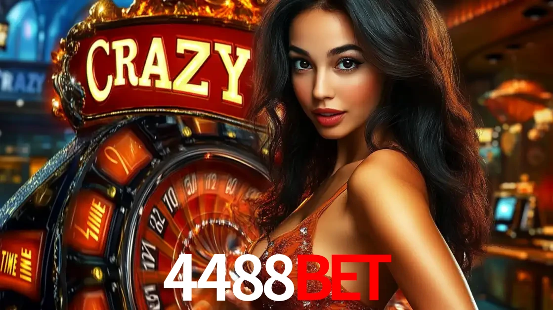 Mulher glamourosa olhando para a câmera com a roda vermelha do Crazy Time ao fundo em um ambiente de cassino, destacando a emoção dos jogos ao vivo no 4488bet.