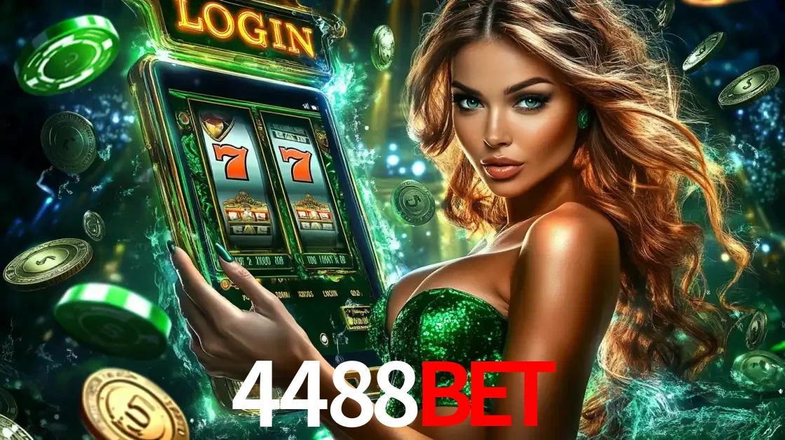 Mulher com tema verde apresentando o aplicativo do cassino 4488bet com um jogo de slot de 777, cercada por fichas de cassino e uma aura de sorte.