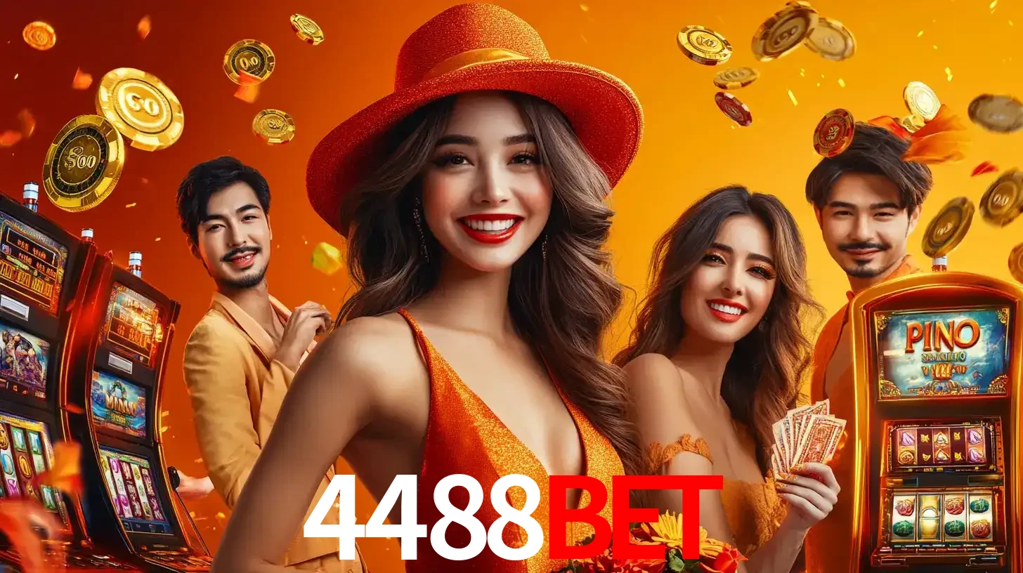 Grupo de amigos asiáticos sorrindo e se divertindo com máquinas de caça-níqueis em um ambiente festivo, celebrando suas vitórias nos jogos de cassino do 4488bet.
