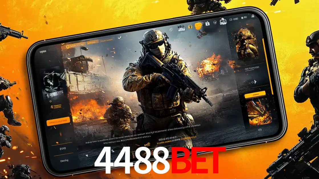 Um smartphone exibindo a interface de um jogo de tiro em primeira pessoa, com um soldado em um cenário de batalha, representando a ação dos e-sports para apostar no 4488bet.