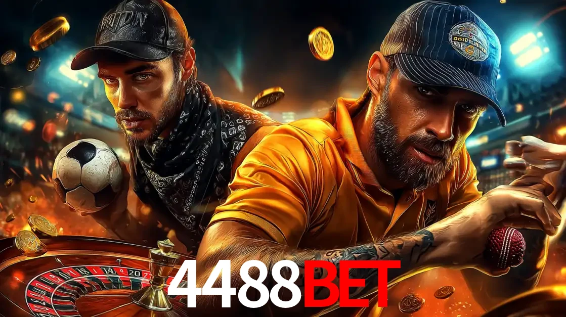 Montagem de apostas esportivas e cassino no 4488bet, com um homem segurando uma bola de futebol e outro uma de beisebol sobre uma roleta e moedas voadoras.