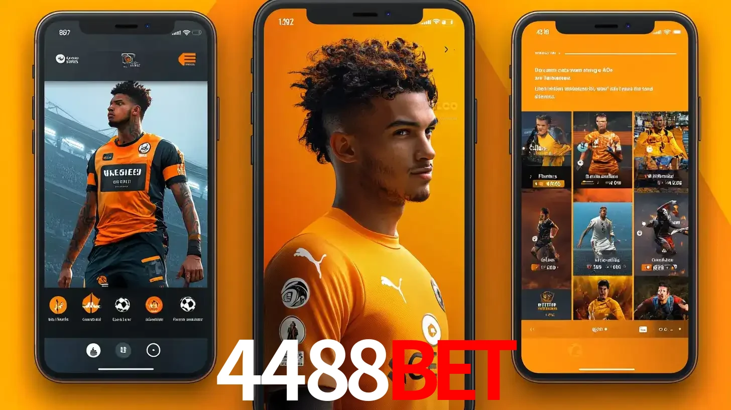 Interface do aplicativo de apostas esportivas 4488bet em três telas de celular, mostrando o perfil de um jogador de futebol e a lista de jogos disponíveis para apostar.