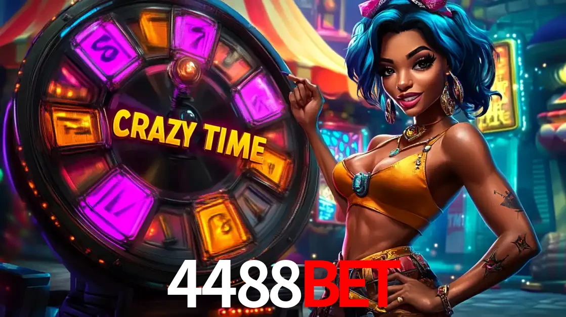 Mulher estilizada com cabelo azul e visual vibrante posando ao lado da roda de prêmios do game show Crazy Time, convidando para a diversão e os bônus do cassino 4488bet.