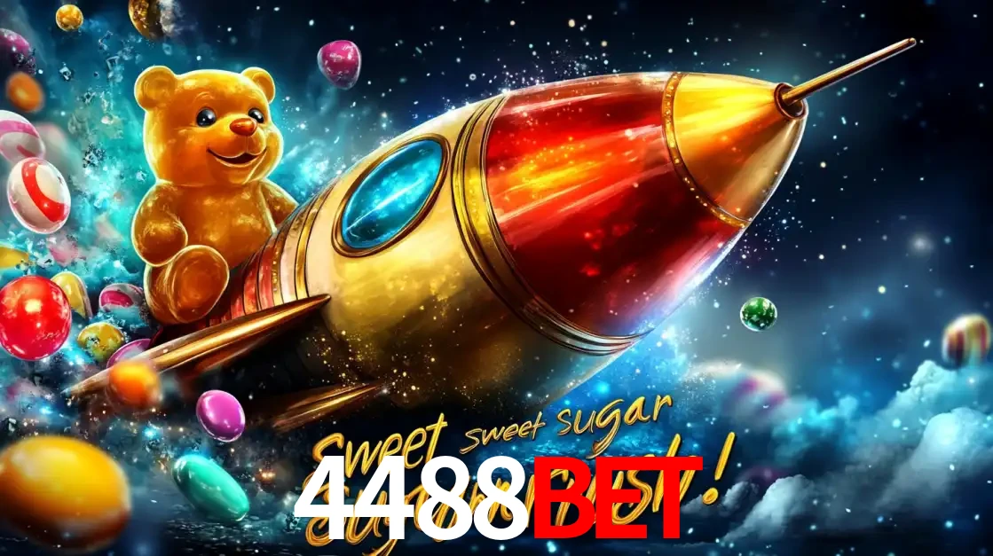 Arte promocional do jogo de slot Sugar Rush, com um urso de pelúcia em um foguete viajando pelo espaço de doces, um dos jogos divertidos disponíveis no cassino 4488bet.