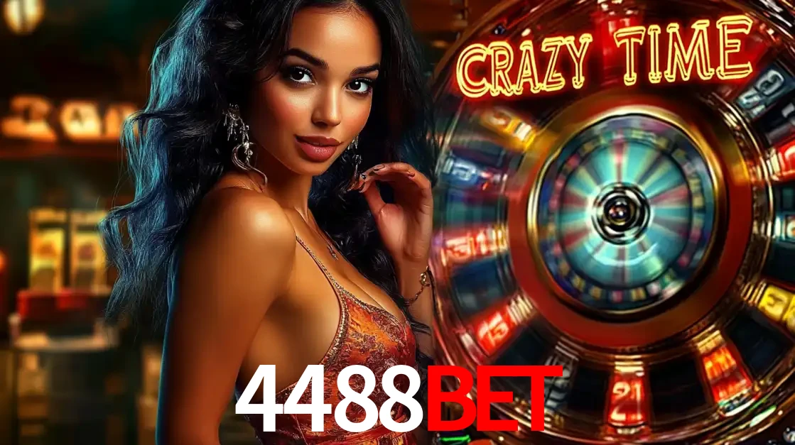 Mulher elegante ao lado da vibrante roda da fortuna do jogo de cassino ao vivo Crazy Time, um dos game shows mais populares e cheios de prêmios do 4488bet.