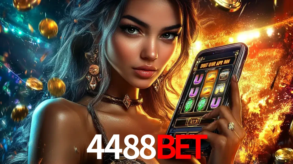Mulher elegante mostrando um jogo de caça-níqueis em seu smartphone, destacando a experiência de cassino móvel oferecida pelo aplicativo 4488bet.