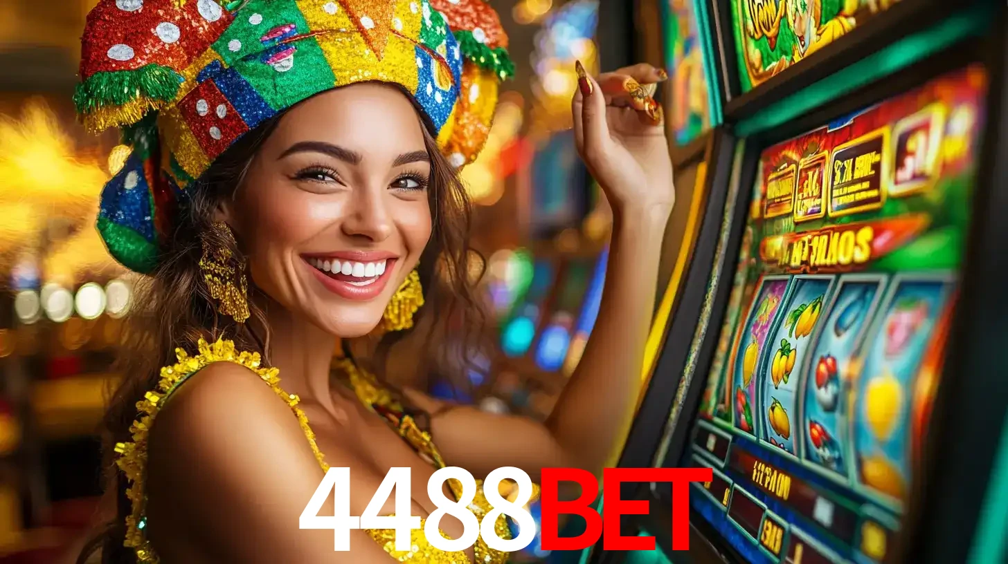 Mulher feliz com traje de carnaval amarelo e colorido ao lado de uma máquina de caça-níqueis, aproveitando a diversão e os jogos temáticos do cassino 4488bet.