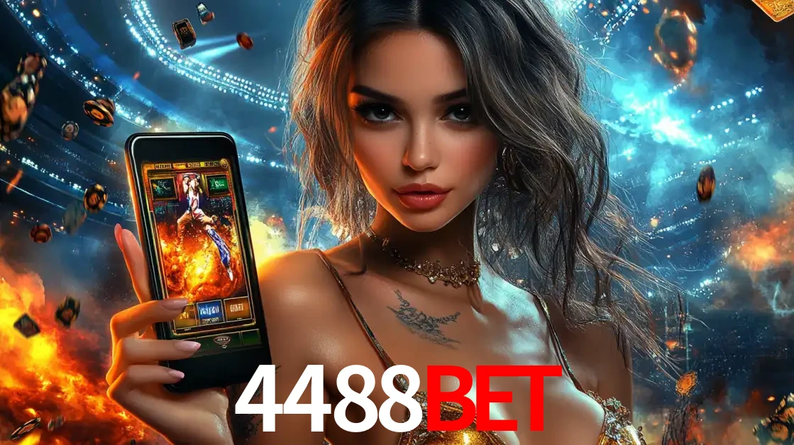 Mulher segurando um celular com um jogo de slot em destaque, tendo como fundo um estádio vibrante, simbolizando a emoção de jogar no cassino móvel 4488bet.