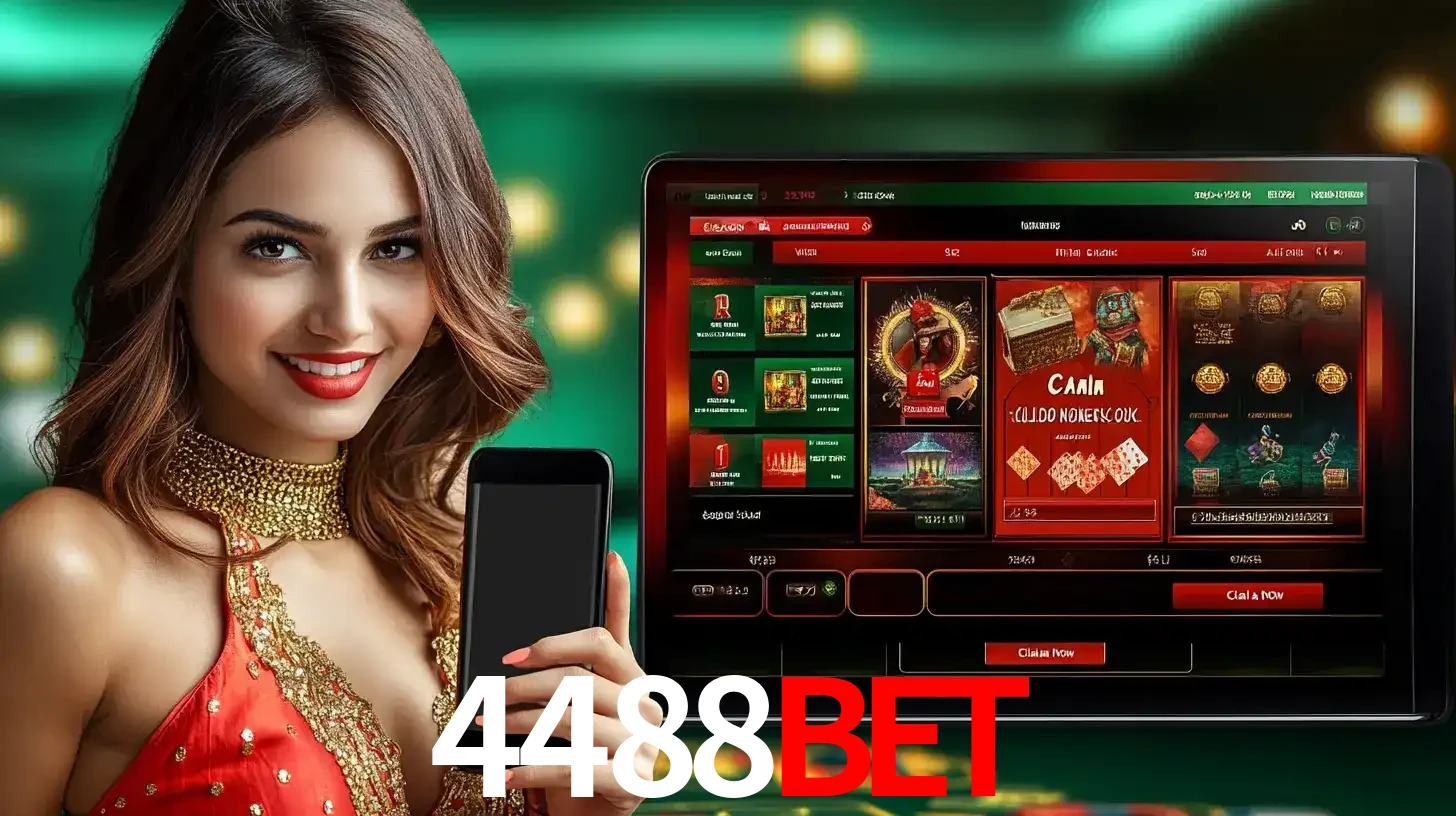 Mulher sorridente segurando um smartphone, ao lado de uma tela exibindo o lobby de jogos do cassino online 4488bet, com várias opções de jogos de cartas e slots.